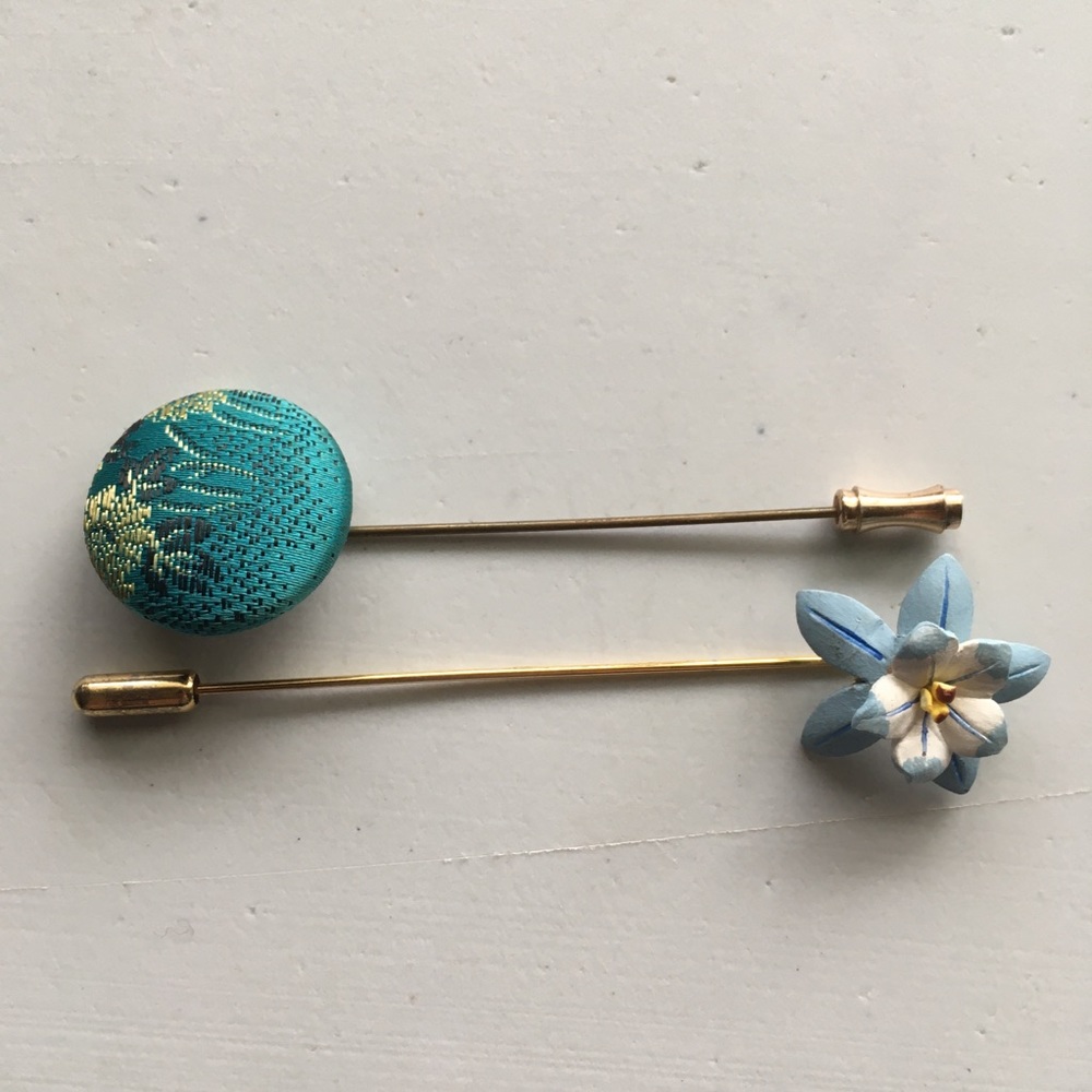 Blue Fabric and Floral Hat Stick Pins